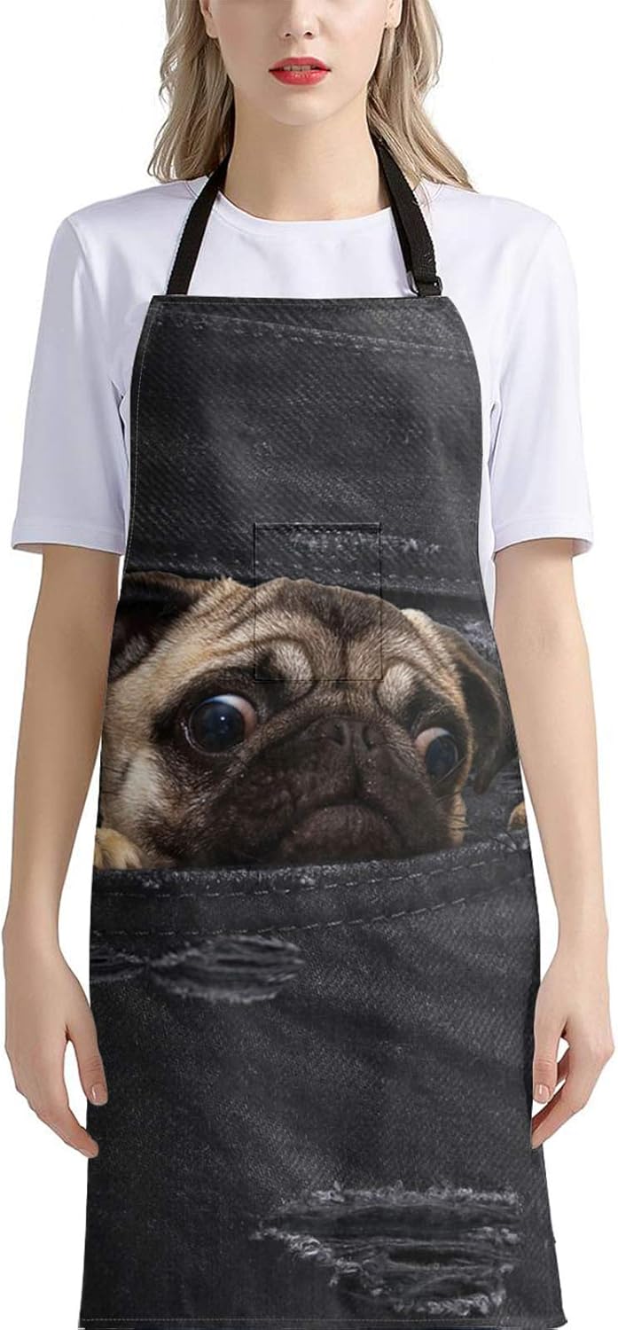 HUGS IDEA Pocket Pug Adorable Vivid 3D Dog Jeans Apron Lengthen Cooking Kitchen Waterproof,Adjustable Chef Apron with Pockets for Home BBQ,School,Coffee House,Apron for Men Women - Image 3