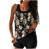 Lastesso Womens Tankini Bathing Suits Trendy Blouson Swim Tank Top with Shorts Fashion Vacation Print Summer Bathing Suits