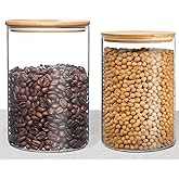 HomeyHoney Small Size 33+17 oz Glass Food Storage Jars with Airtight Lids, Clear Glass Jar with Bamboo Lid, Airtight Food Canister for Tea, Candy, Coffee, Sugar, Cookie, Snack. (Round | 5+6 Inch)