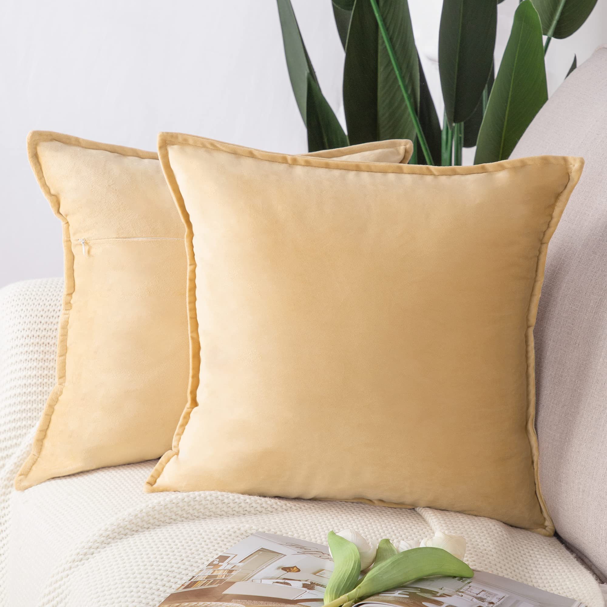 Madizz Pack of 2 Super Soft Velvet Decorative Cushion Covers with Fringe Luxury Style Cushion Case Pillow Shell for Sofa Bedroom Square Khaki 16x16 inch, 40x40 cm