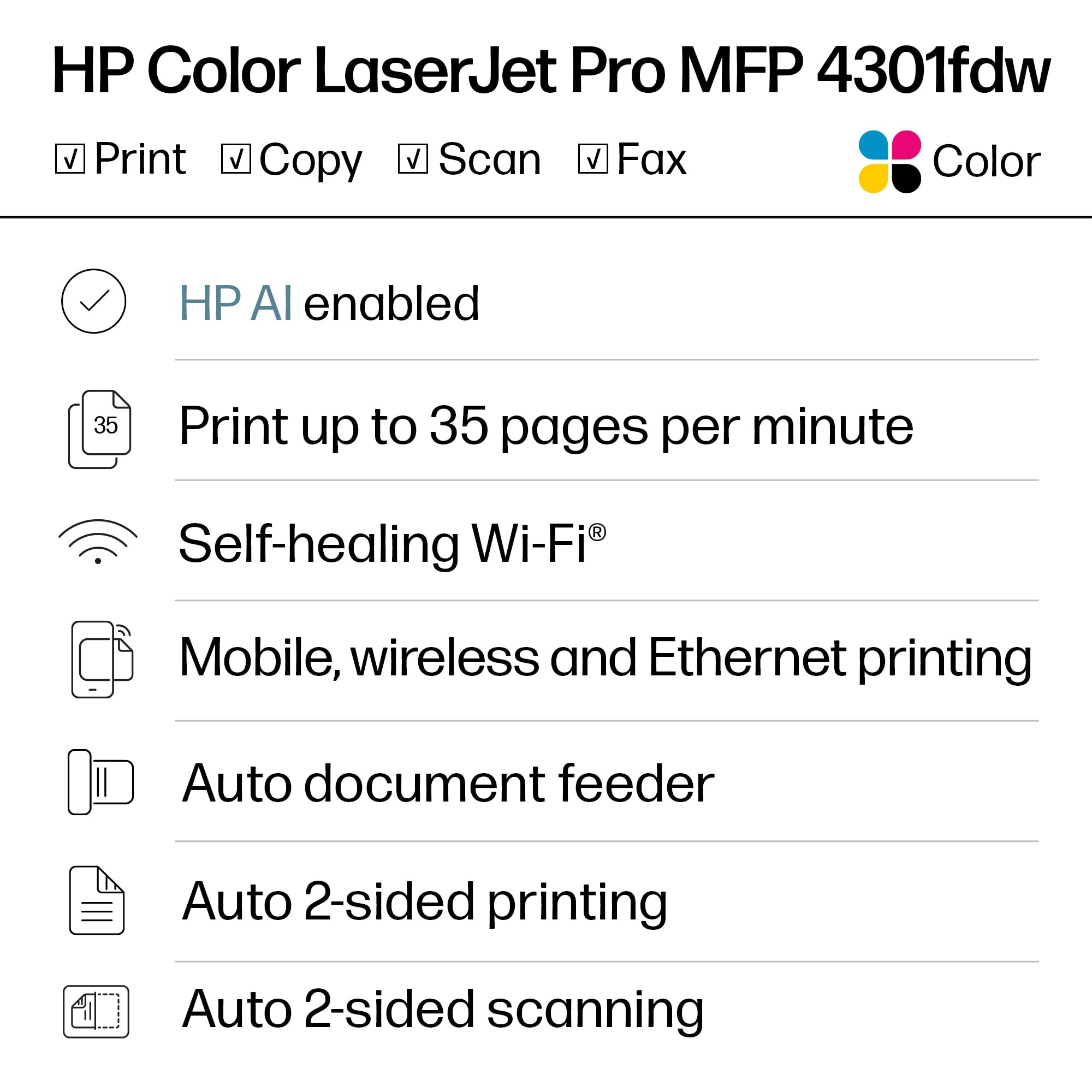 HP Color Laserjet Pro MFP 4301fdw Wireless All-in-One Color Laser Printer, Scanner, Copier, Fax, Best-for-Office
