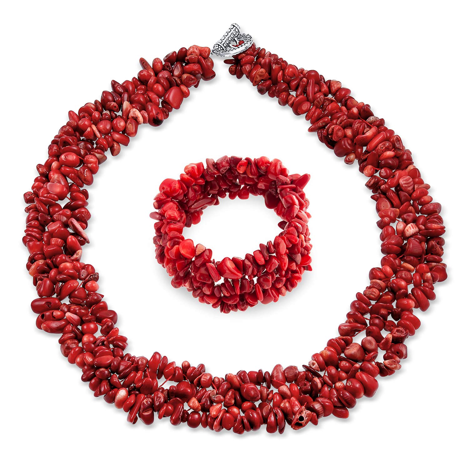 Large Wide Red Dyed Coral Cluster Chips Bib Statement Collar Necklace Stretch Bracelet Jewelry Set For Women