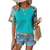 SHEWIN Womens Crochet Floral Print Tops Casual Short Sleeve T Shirts Crewneck Boho Beach Vacation Clothes