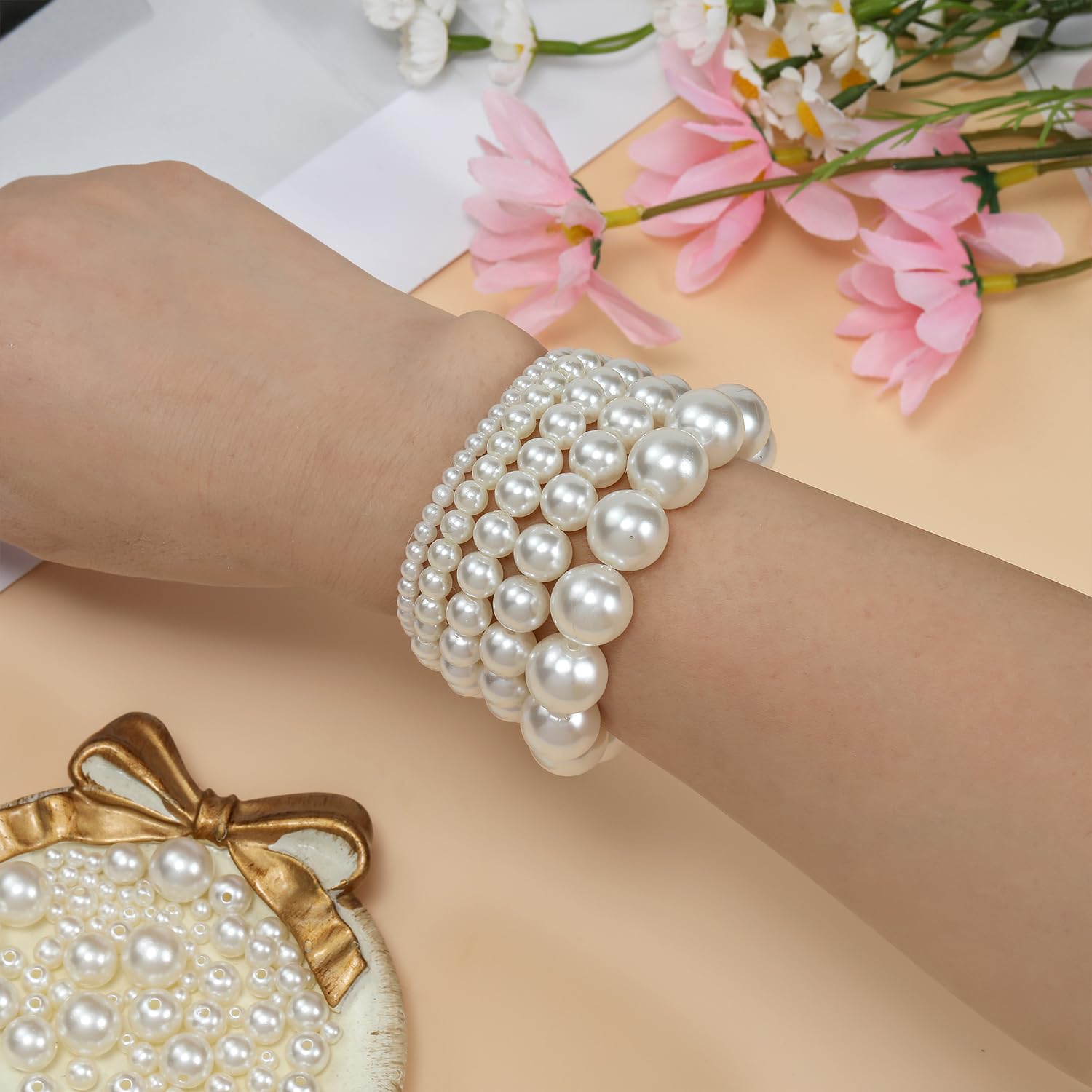 1200 Pcs Pearl Beads for Jewelry Making, 5 Size Round Pearls for Bracelets Making Kit Small Pearl Filler Beads with Hole for DIY Craft Necklace Earrings