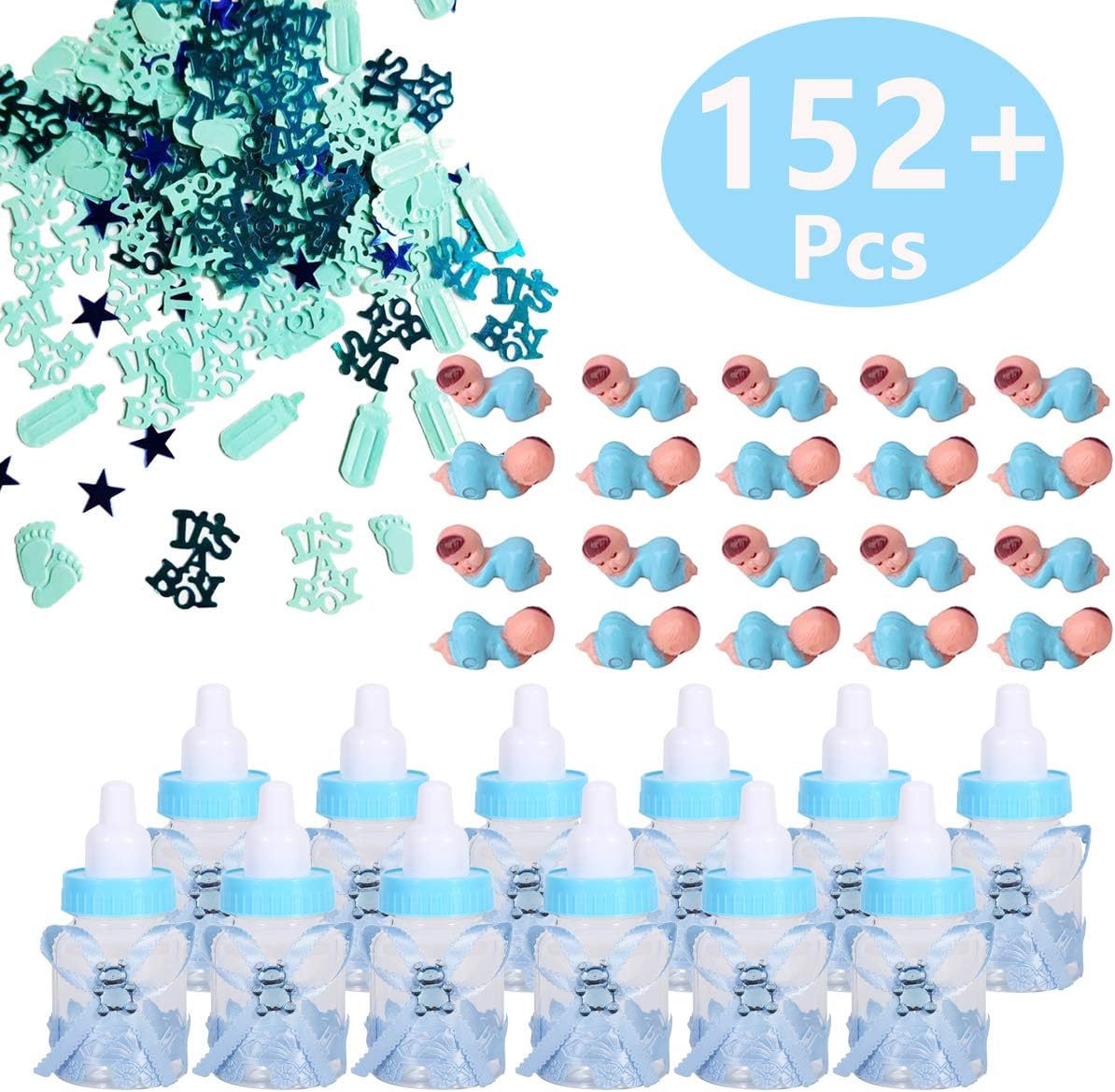 Baby Shower Blue Candy Bottle Gift Box Feeder Style Mini Plastic Sleeping Baby and 'It's a Boy' Baby Shower Confetti for Baby Shower Favors Table Party Decorations Supplies.(152 Pieces) (Boy)