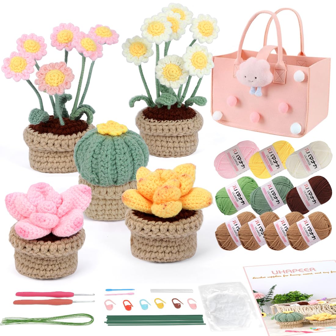 UHAPEER Beginner Crochet Kit, 5 Pcs Potted Plants, Complete Crochet Kit for Beginners Adults Kids, Crochet Kit with Step-by-Step Instruction and Video Tutorials, Crochet Knitting Starter Kit