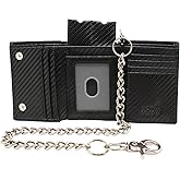 Chain Wallets for Men Carbon Fiber Leather Trifold Wallet With Chain RFID-Safe Durable Water Resistant and Scratch Resistant Design In USA (J111-CF, Black)
