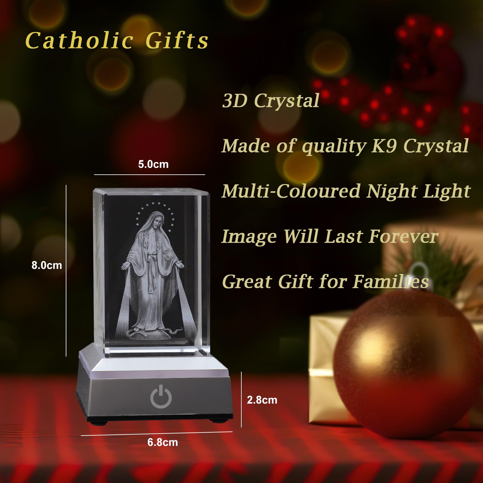 KOMI 3D Crystal Virgin Mary Figurine Statue with LED Light Base, Laser Engraved Mother Mary Statues Religious Gifts for Women Men, Night Light for Bedroom, Christian Catholic Home Decor