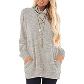 TAKEYAL Turtle Necks Tops for Women Long Sleeve Tunic Shirts Fall Winter Trendy Pullover Sweaters with Pockets