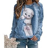 BLOOMY CHIC Womens Cute Cat Print Sweatshirts Long Sleeve Lightweight Crew Neck Shirts Casual Trendy Tops Spring