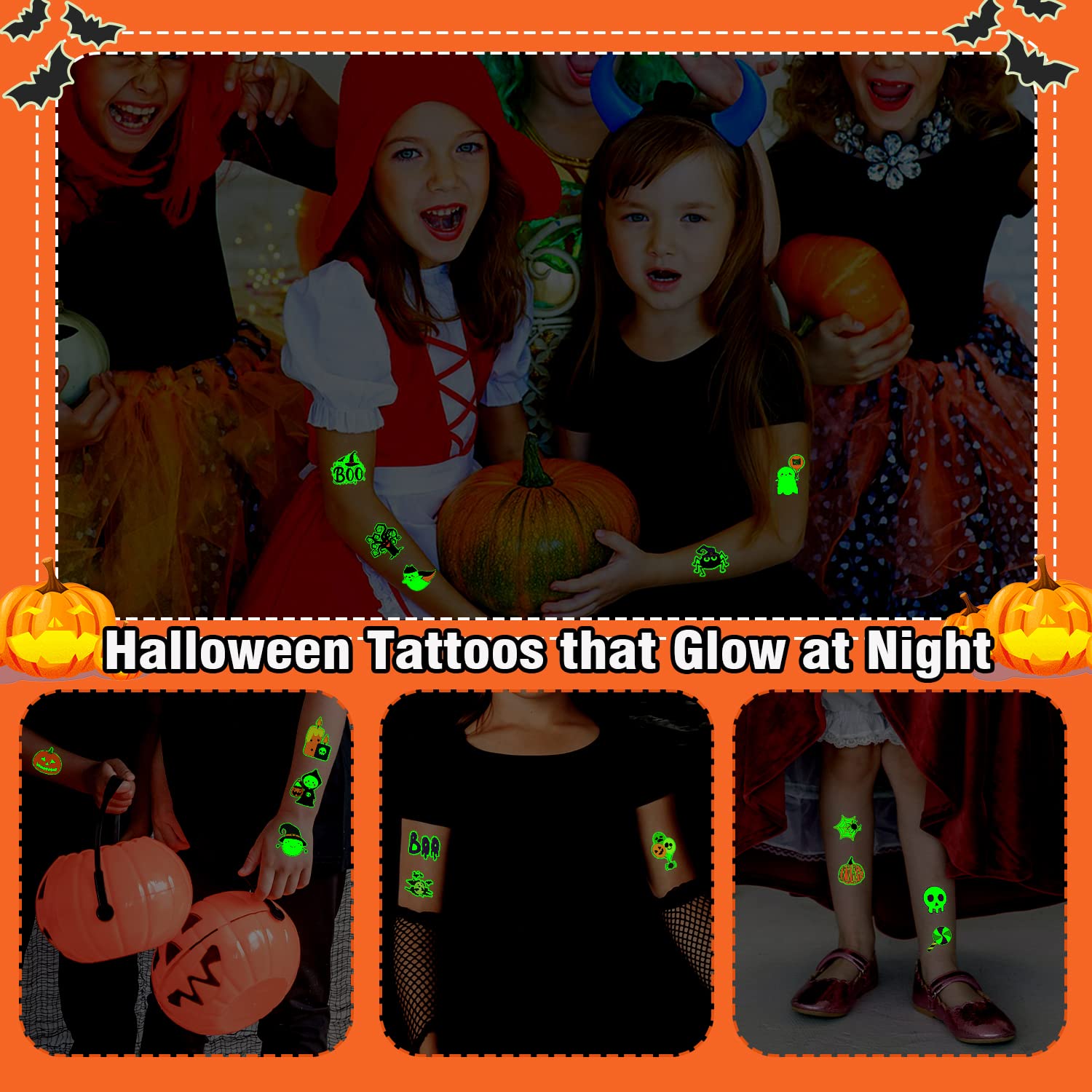 PARTYWIND 204 PCS Individually Wrapped Sheets Glow Halloween Tattoos for Kids Party Decorations, Luminous Pumpkin Tattoo Stickers, Kids Halloween Treats, Party Supplies