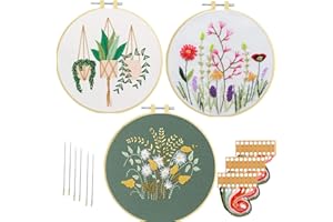 Nuberlic 3 Pack Embroidery Kits for Beginners Starters Cross Stitch Kits with Pattern for Adults Kids Craft Stamped Embroidery Cloth 3 Hoops Threads Needles