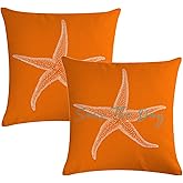 7COLORROOM Set of 2 Seas The Day Throw Pillow Cover Beach Starfish On Orange Background Cushion Cover Coastal Sea Theme Home Decorative Pillowcases 18" x 18" for Sofa Couch Porch(18" x 18", Orange)