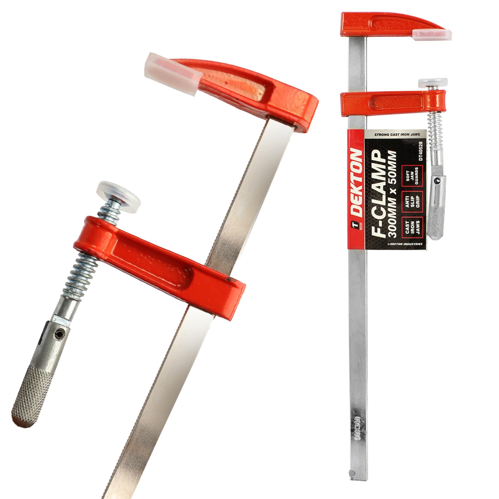 Dekton F Clamp 50mm X 300mm - Strong Cast Iron Jaws| Anti-slip Grips| Soft Jaw Guards| Rust-resistant & Durable| Heavy-duty Steel Construction| Adjustable Screw Mechanism| High Clamping Force