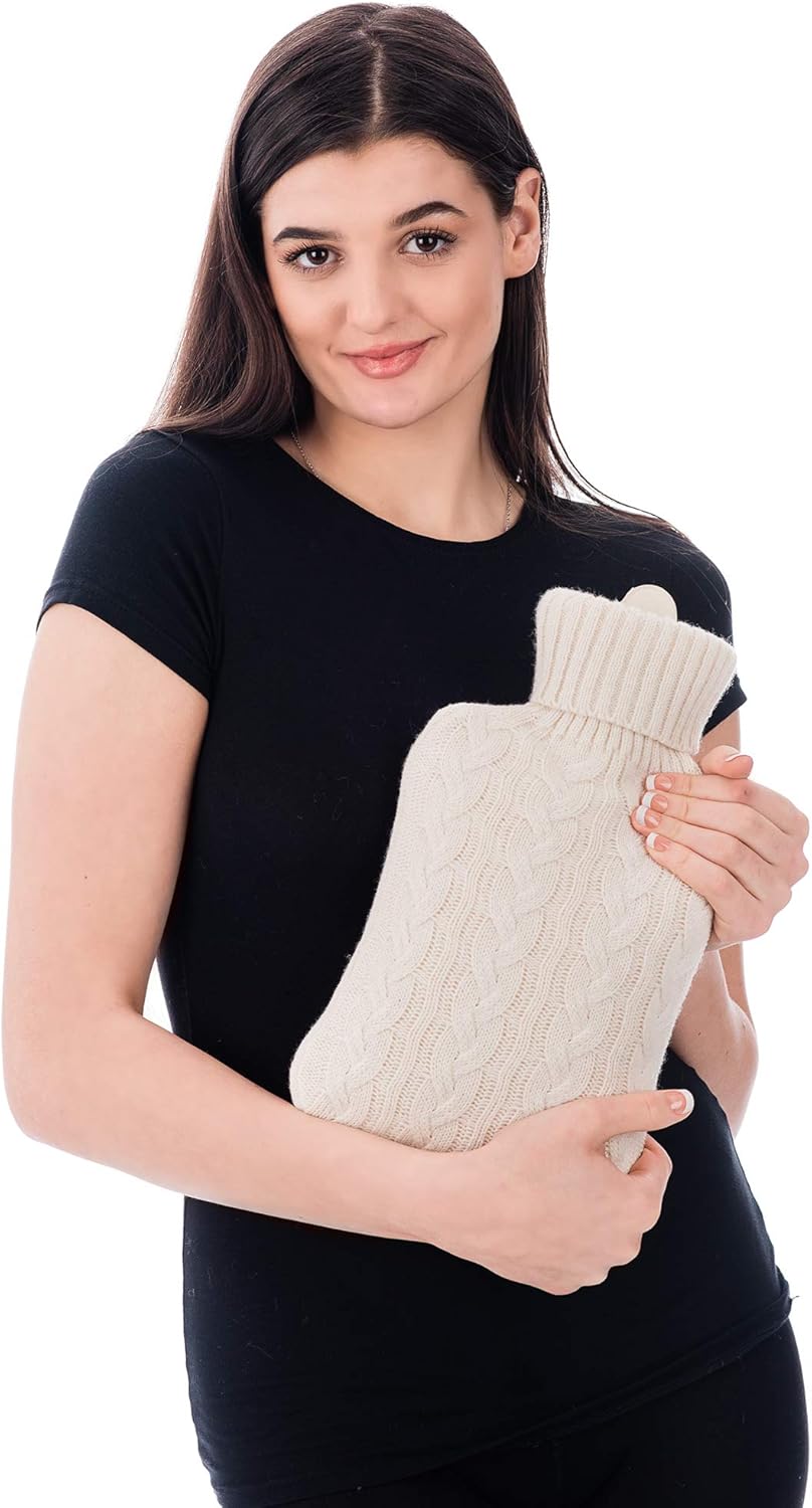 FiNeWaY 2L Large Hot Water Bottle Body Warmer Quality Hot Water Bottles with Arran Knitted Cover for Back Neck Shoulder Leg Arthritis Pain Relief Aches Cramp(Cream) - Image 5