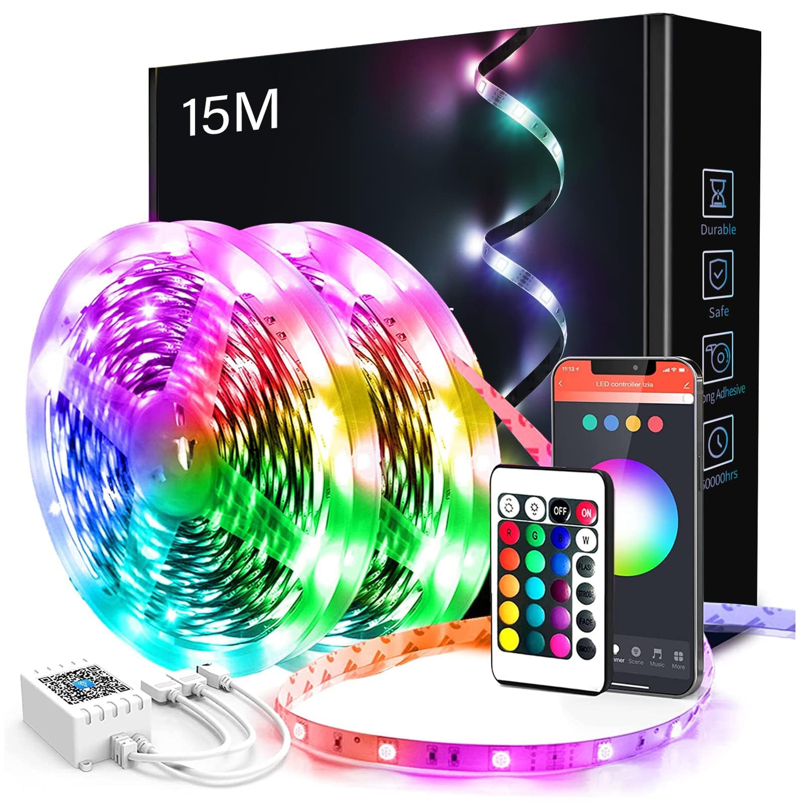 phopollo 15m led Strip Lights for Bedroom with Remote & App Control,Music Sync with Mic, Flexible 12v 5050 Led Color Changed Lights (7.5Mx2)