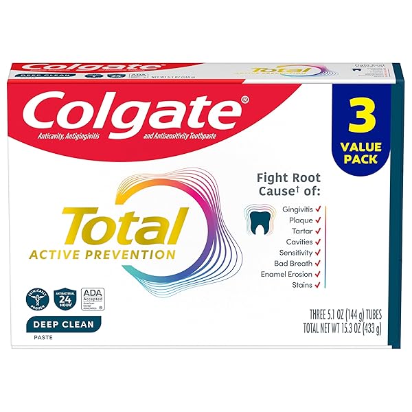 COLGATE TOTAL ACTIVE PREVENTION DEEP CLEAN TOOTHPASTE, ANTICAVITY FLUORIDE TOOTHPASTE, CLINICALLY PROVEN FLUORIDE FORMULA HELPS FIGHT PLAQUE BACTERIA, MINT, 3 PACK, 5.1 OZ