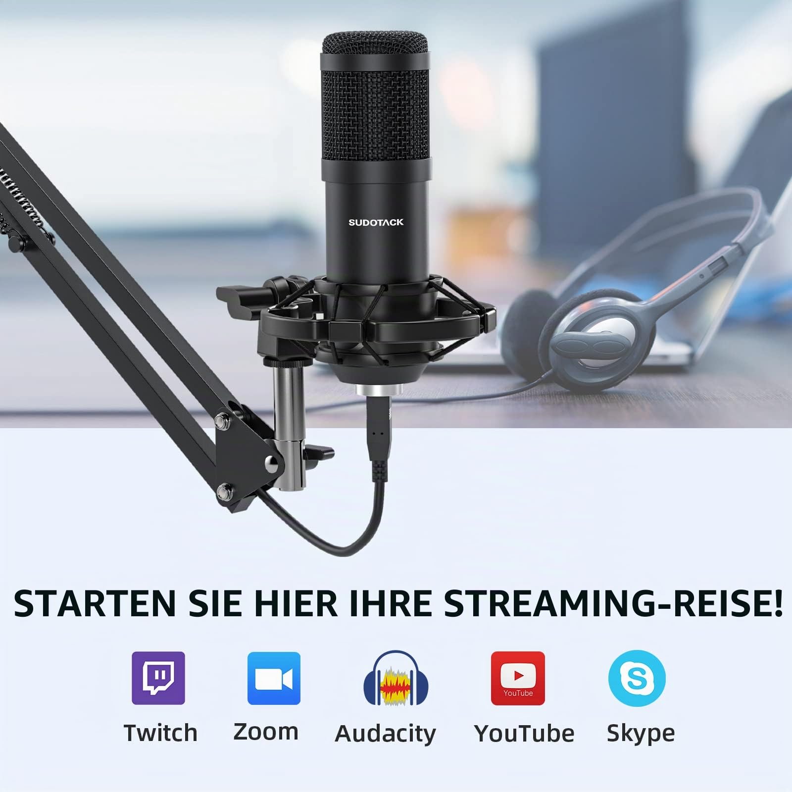 SUDOTACK USB Gaming Mikrofon, Professionelles Mikrofon PC Kondensator mit Arm, Popfilter, Mikrofonspinne für Podcasting, Streaming, Aufnahme, YouTube, Twitch, Home Studio, Voice-Off 6