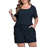 ZHUHOUSE Womens Plus Size Pajama Sets 2 Piece Summer Outfits Short Sleeve Tops Shorts with Pockets for Lounge Sleepwear