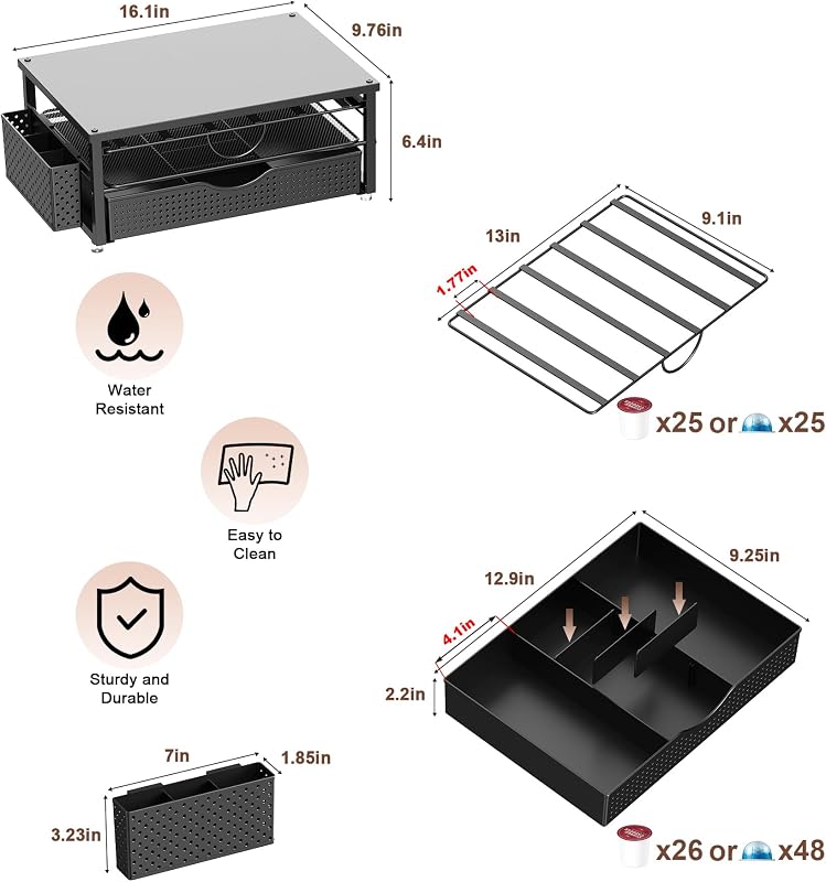 Support de dosettes de café K avec tiroir de rangement coulissant à 2 niveaux et 1 panier suspendu pour 51 grandes ou 73 petites capsules, accessoires de rangement pour comptoir, bureau, cuisine (noir