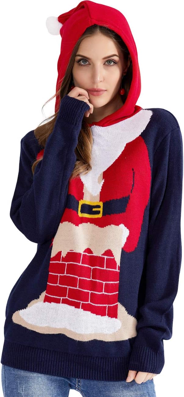 QUALFORT Women Ugly Christmas Sweater Hoodie Clowns Santa Funny Xmas