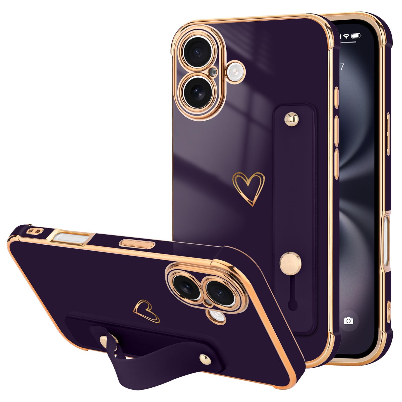 LLZ.COQUE Compatible with iPhone 16 Case for Women Girls, Bling Luxury Plated Bumper with Love-Heart Design, Adjustable Hand Strap Stand, Phone Case Shockproof Protection for iPhone 16 - Dark Purple