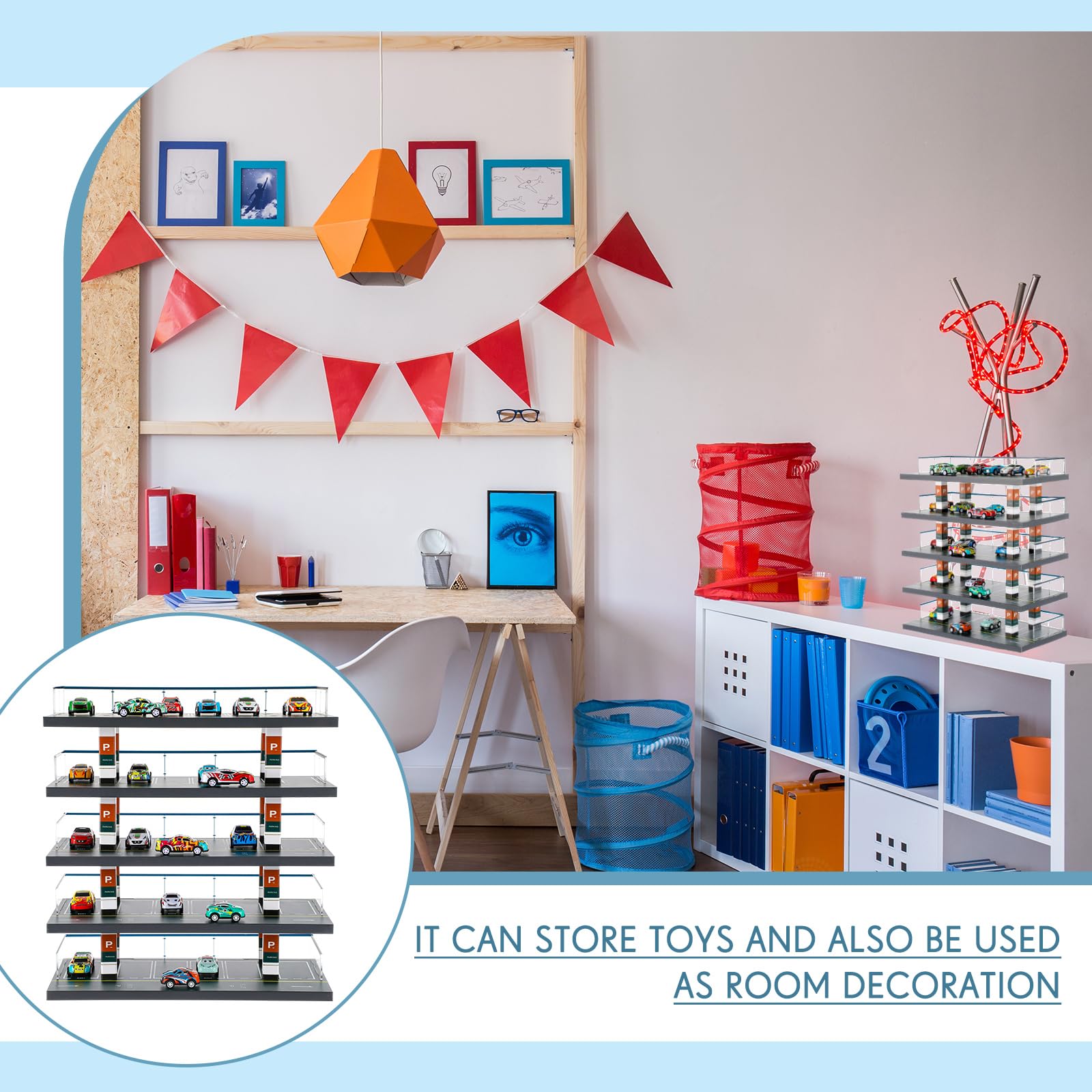 Seenelling Storage Display Garage for Hot Diecast Wheels Toy Car Parking Garage Diorama Freestanding Storage Display Case for 1/64 Scale Diecast with 5 Levels 30 Spots Maximum 50 Cars