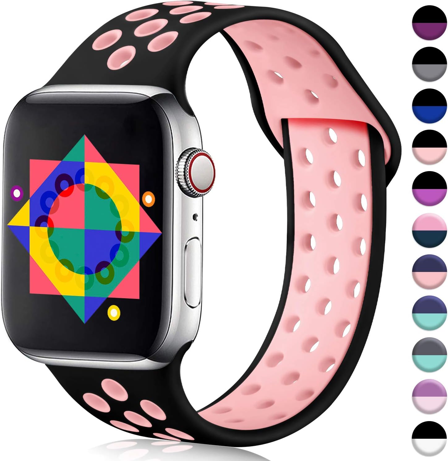 ilopee Sport Band Compatible for Apple Watch 44mm Series 5 4, Breathable Strap Wristbands Replacement with Holes for iWatch 42mm Series 3 2 1 Women Men, Black/Pink, S/M