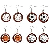 Retro Sports Ball Wooden Dangle Earrings Dainty Baseball Football Basketball Volleyball Print Wood Stud Earrings Set for Women Sports Fans Players Jewelry
