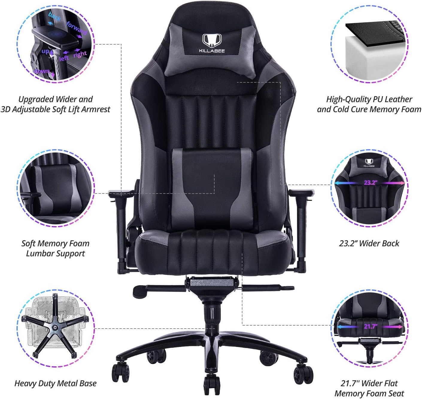 Amazon Com Killabee Big And Tall 400lb Memory Foam Gaming Chair Adjustable Tilt Angle And 3d Arms Ergonomic High Back Leather Racing Executive Computer Desk Office Metal Base Gray Kitchen Dining