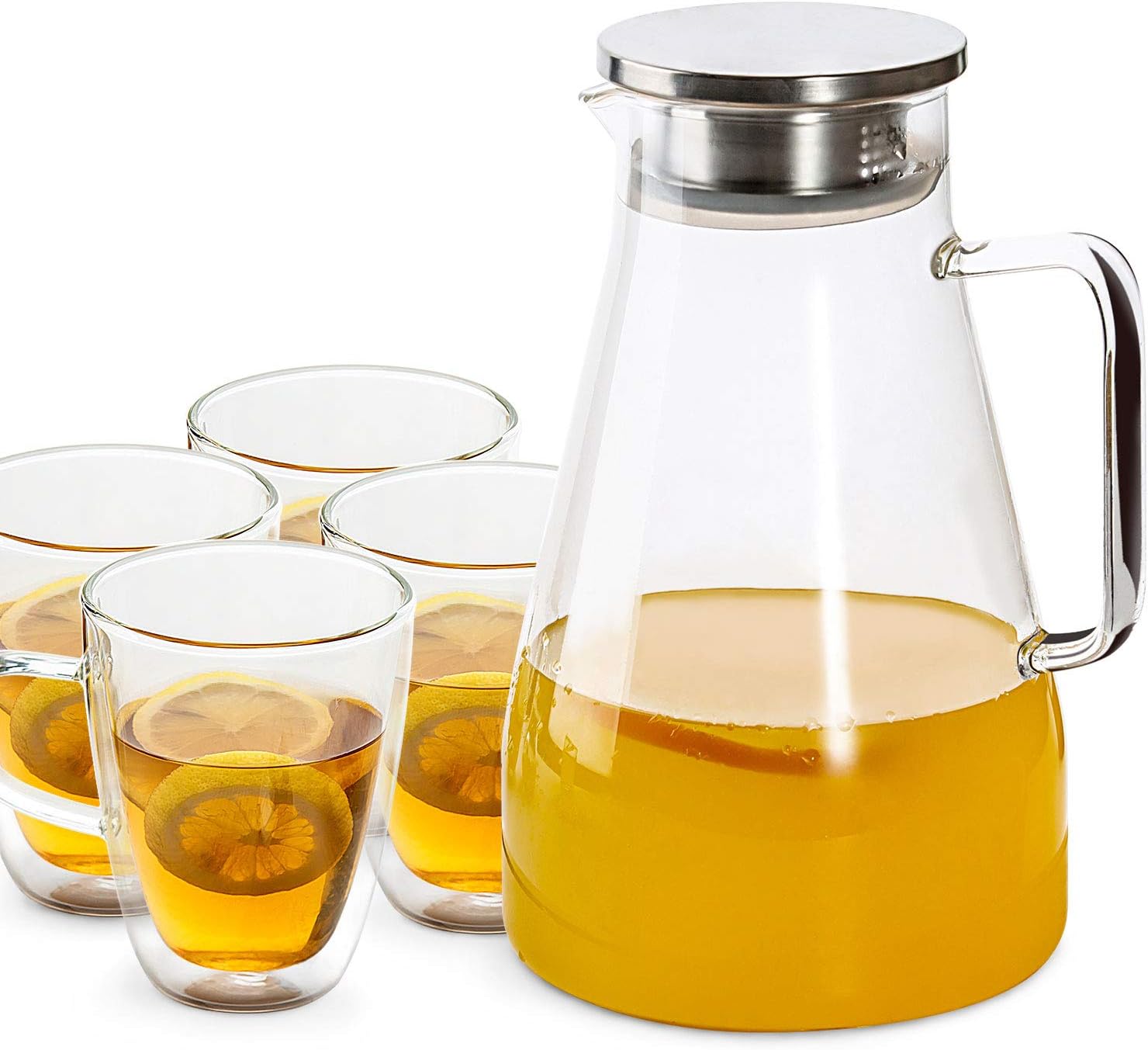 [ 1 Pitcher + 4 Mugs ] 70 Ounces Glass Pitcher with Stainless Steel Lid, Double-Wall Insulated Glass Coffee Mugs (12 oz × 4), Drip-free Water Carafe for Hot/Cold Water, Ice Tea and Juice Beverage
