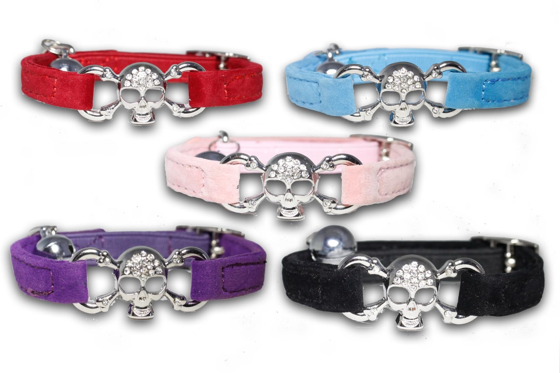 Felt Cat Collar Diamante Rhinestone Stud Adjustable Safety elastic Skull (Pink)
