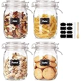 Flrolove Glass Kitchen Storage Canister Mason Jars with Lids,32oz Airtight Glass Canister with Hinged Lid,Perfect for Kitchen Canning Cereal,Pasta,Sugar,Beans (Labels & Chalk Marker)-Set of 4