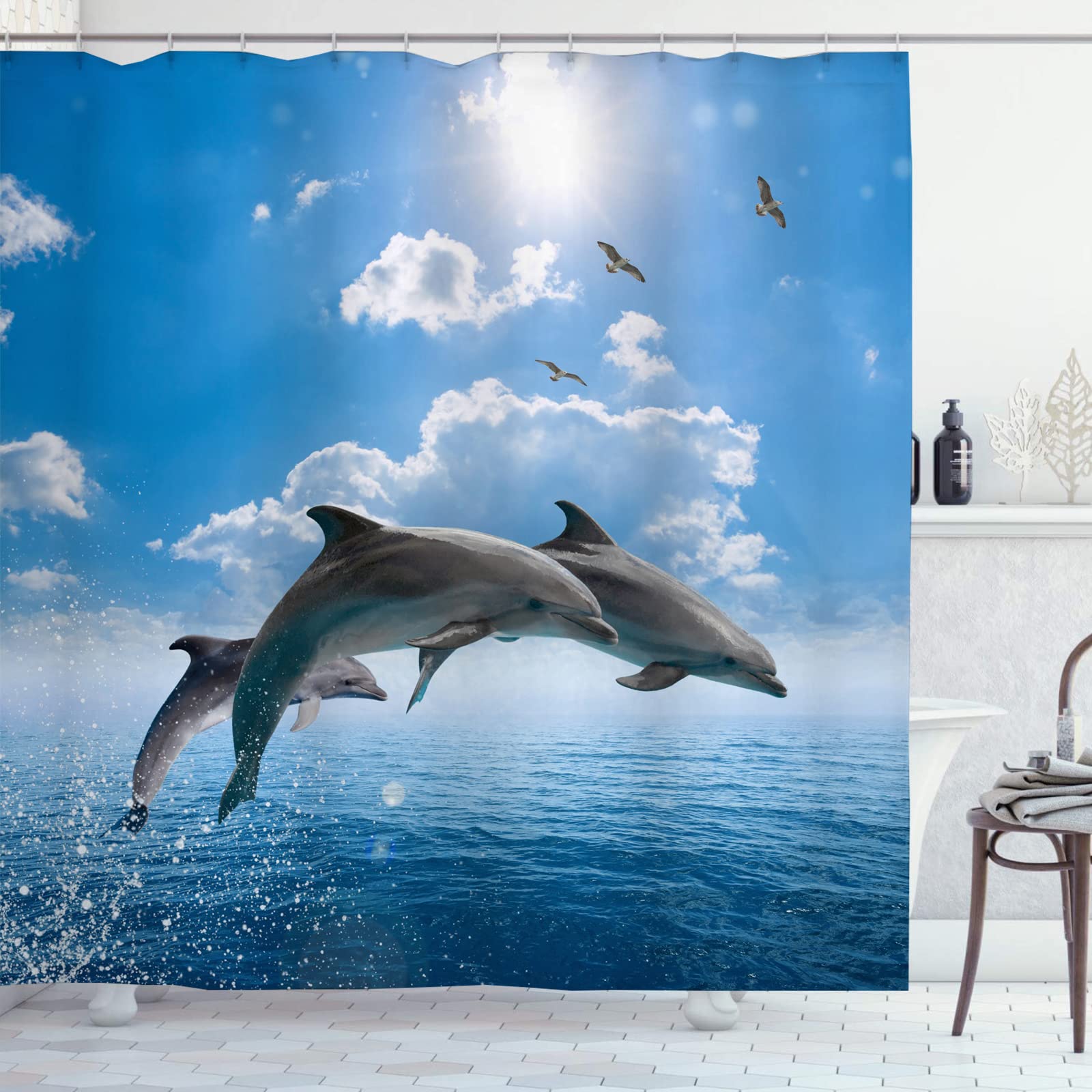 OCEUMACO Shower Curtain 3D Dolphin Design Bathroom Wet Room Extra Long Ocean Patterned Bath Curtains Anti Mould Proof Mildew Resistant Washable 200cm Drop Waterproof Fabric with Hooks - Blue 5