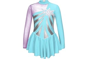 TSSOE Kids Girls Long Sleeve Sequins Printing Ice Roller Figure Skating Dress Illusion Ballet Dancewear