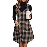 Milumia Women's Plaid V Neck Pinafore Overall Short Dress Losse Mini Jumper Dress with Pockets