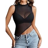 Avidlove Women Camisole Tops Sheer Mock Neck Tank See Through Summer Mesh Shirts Asymmetrical Top Clubwear