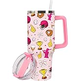 JarThenaAMCS Softball Tumbler with Lid and Straw 40oz Hot Pink Yellow Bowknot Softball Tumbler with Handle Sport Stainless Steel Cup for Christmas Home Office Travel Women Gifts