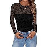Zeagoo Long Sleeve Shirts for Women Sheer Mesh Sexy Blouses Fall Fashion Crewneck Going Out Tops