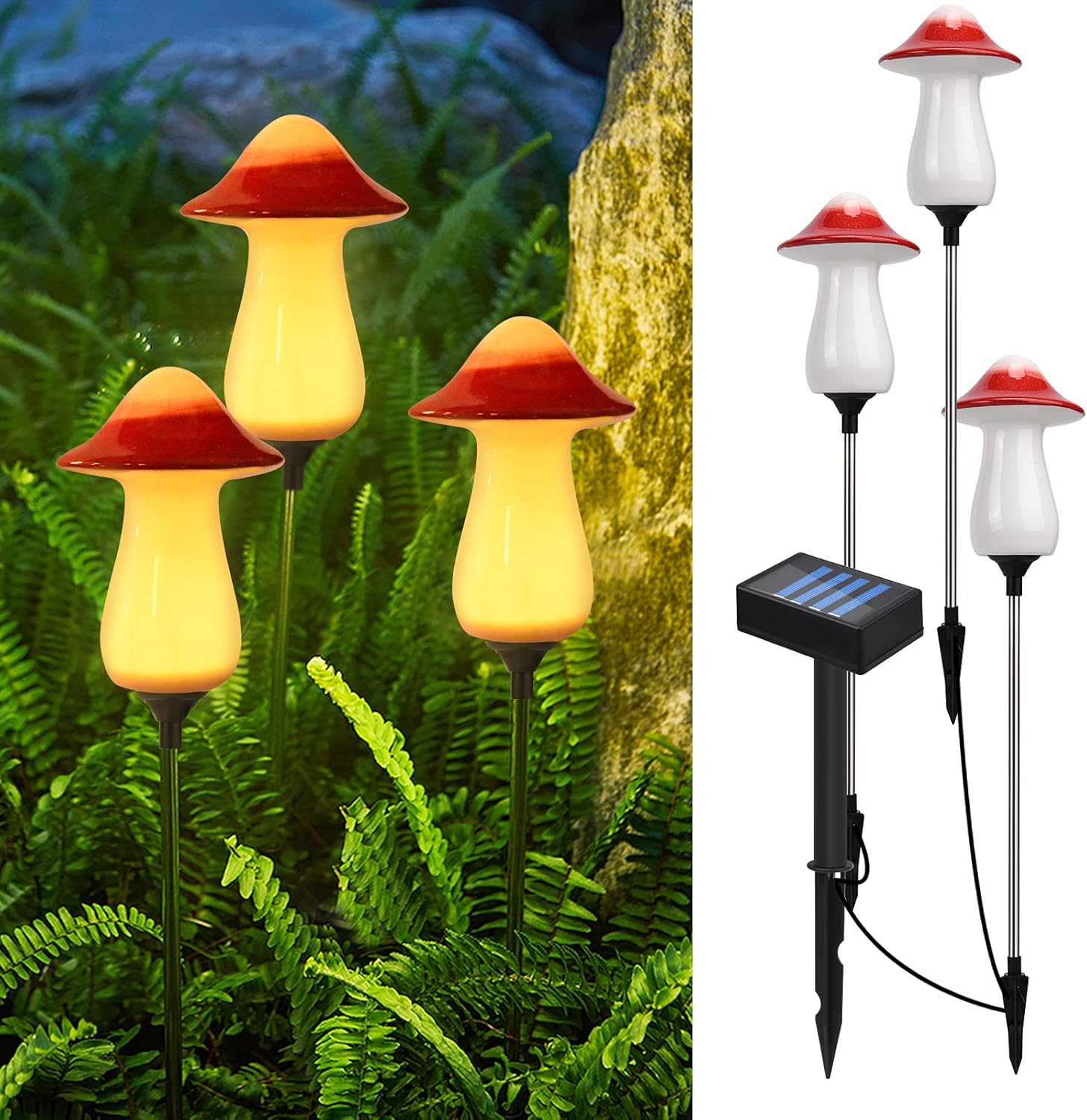 Greenidea Outdoor Solar Garden Lights, Waterproof Led Landscape Lights, 3 Pack Ceramic Mushroom Decoration Lights Solar Pathway Lights for Backyard Lawns Road Sidewalk Path Lights