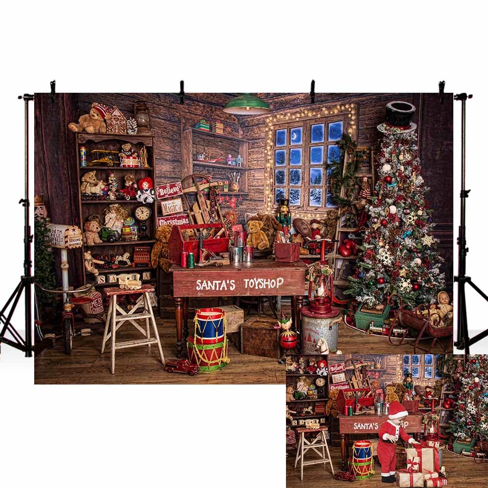 MEHOFOND 8x6ft Christmas Backdrop Santa's Toyshop Photography Background Vintage Rustic Wooden House Winter Night Cottage Gift Xmas Tree Family Holiday Party Decoration Portrait Photo Studio