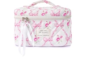 Sminra Makeup Bag Large Travel Quilted Cosmetic Makeup Bag Organizer, Floral Cotton Coquette Aesthetic Toiletry Bag for Women Girls (Pink Bow Flowers-L)