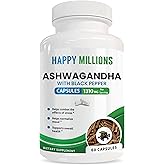 HAPPY MILLIONS Ashwagandha with Black Pepper | 1310 mg Organic Herbal Supplement | 60 Plant-Based Capsules