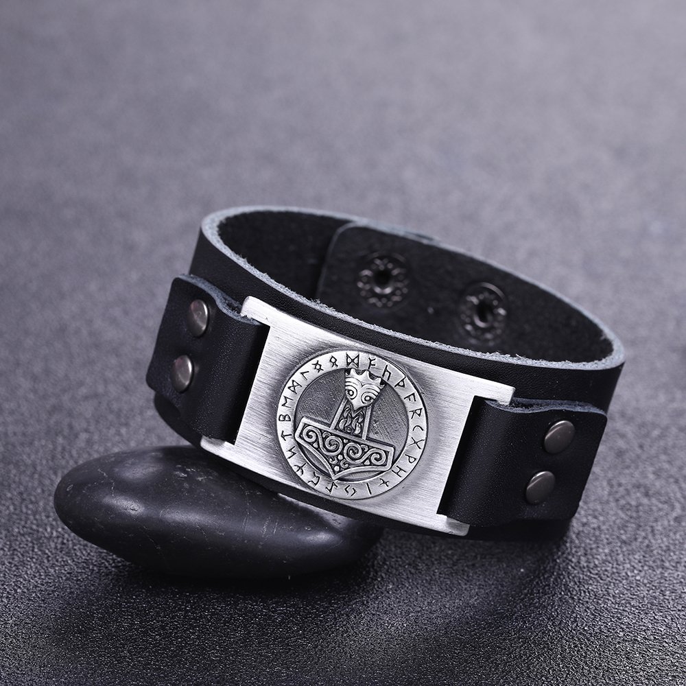 Mjollnir Thor's Hammer Leather Cuff Bracelet Norse 24 Runes Vintage