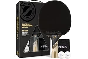 STIGA Carbon+ Bundle Ping Pong Paddle Set – 7-ply Extra Light Carbon Fiber Blade – 2mm Premium Sponge – Concave Pro Handle – 2 3-Star Tournament Balls – Neoprene Racket Cover – Player Wristband