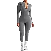 SUUKSESS Women Long Sleeve Ribbed Jumpsuit Zip up Front Workout Bodycon Romper