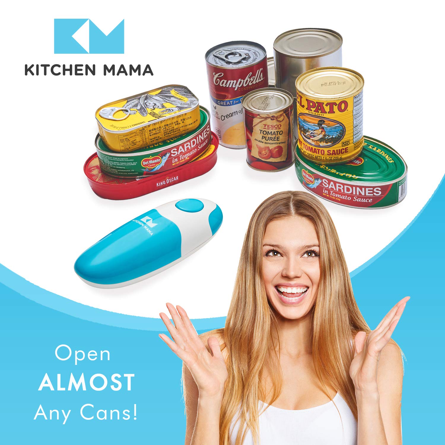 Kitchen Mama Electric Can Opener Car - Open Your Cans Easily With The Touch Of A Button - Automatic, Hands-Free, Smooth Edge, Food Safe, Battery Operated (Sky Blue)