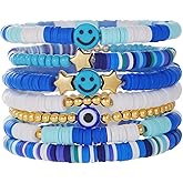 Preppy Jewelry Bracelets for Women Handmade Friendship Bracelets Clay Bead Colorful Surfer Heishi Bracelet Set Stackable Boho Y2K Summer Beach Elastic Layering Bracelets