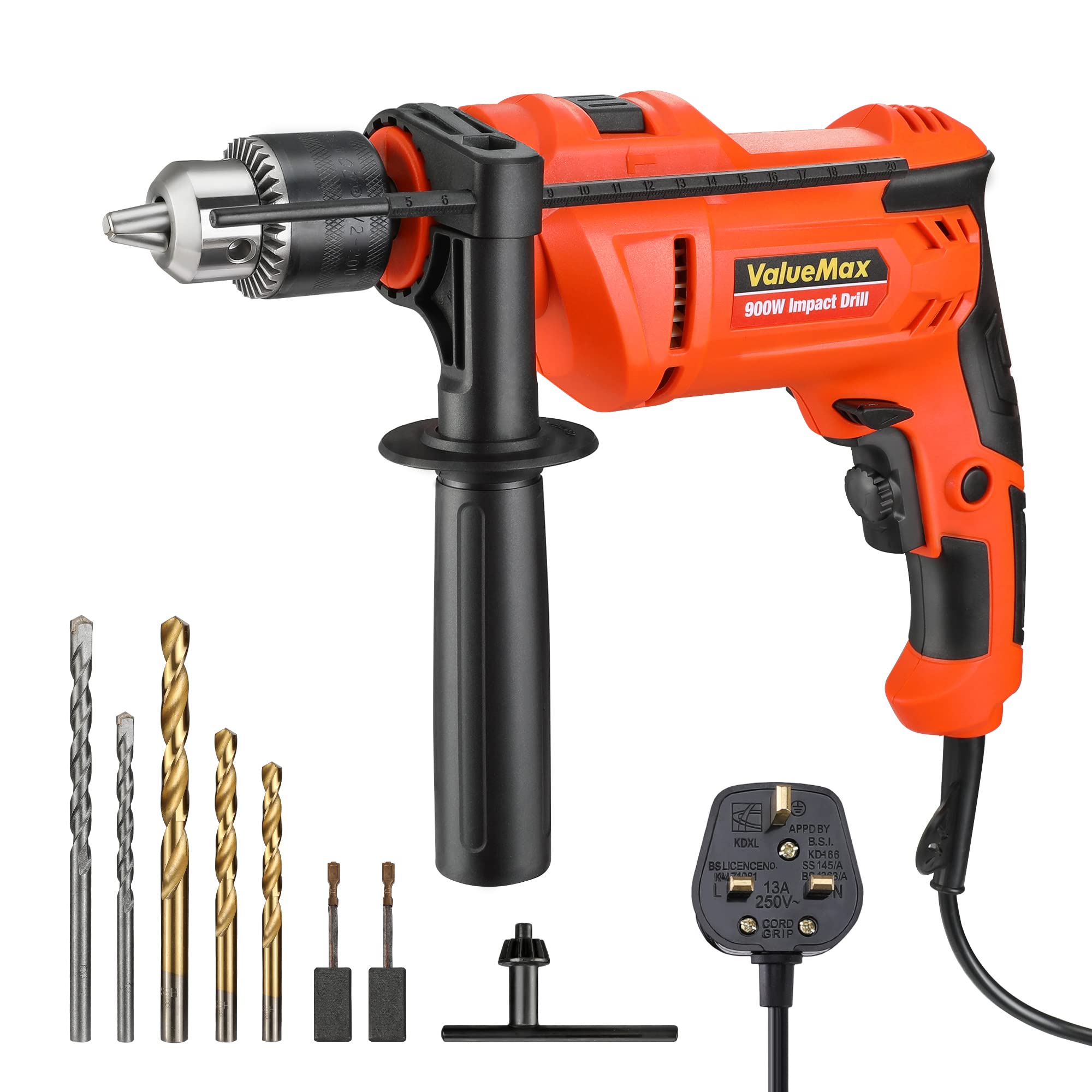 ValueMax Electric Drill, 900W Electric Corded Drill with Variable Speed and 360-Degree Handle, Impact Drill with Cement/Twist Bits and Chuck Key, Ideal for Home Repair and DIY