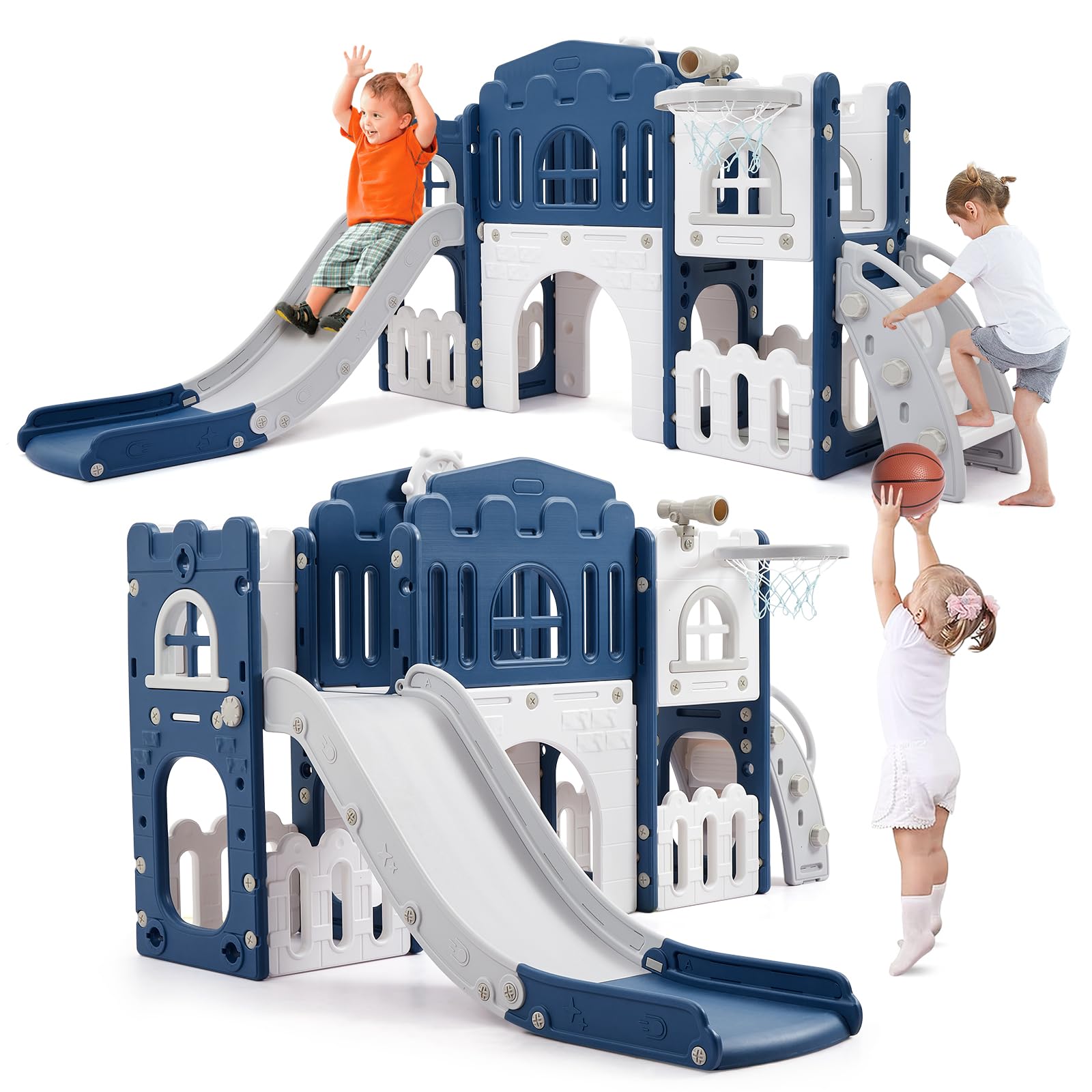 8-in-1 Toddler Climbing Frame and Slide, Kids Indoor Slide Playset with Tunnel & Basketball Hoop, Baby Climbing Frame for Toddlers Age 1-3, Children's Indoor & Outdoor Play Equipment - Blue